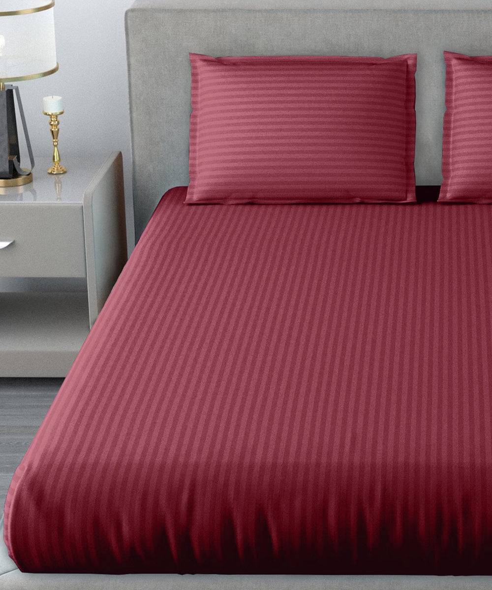 Maroon Satin Stripe Flat Double Bedsheet With 2 Pillow Covers