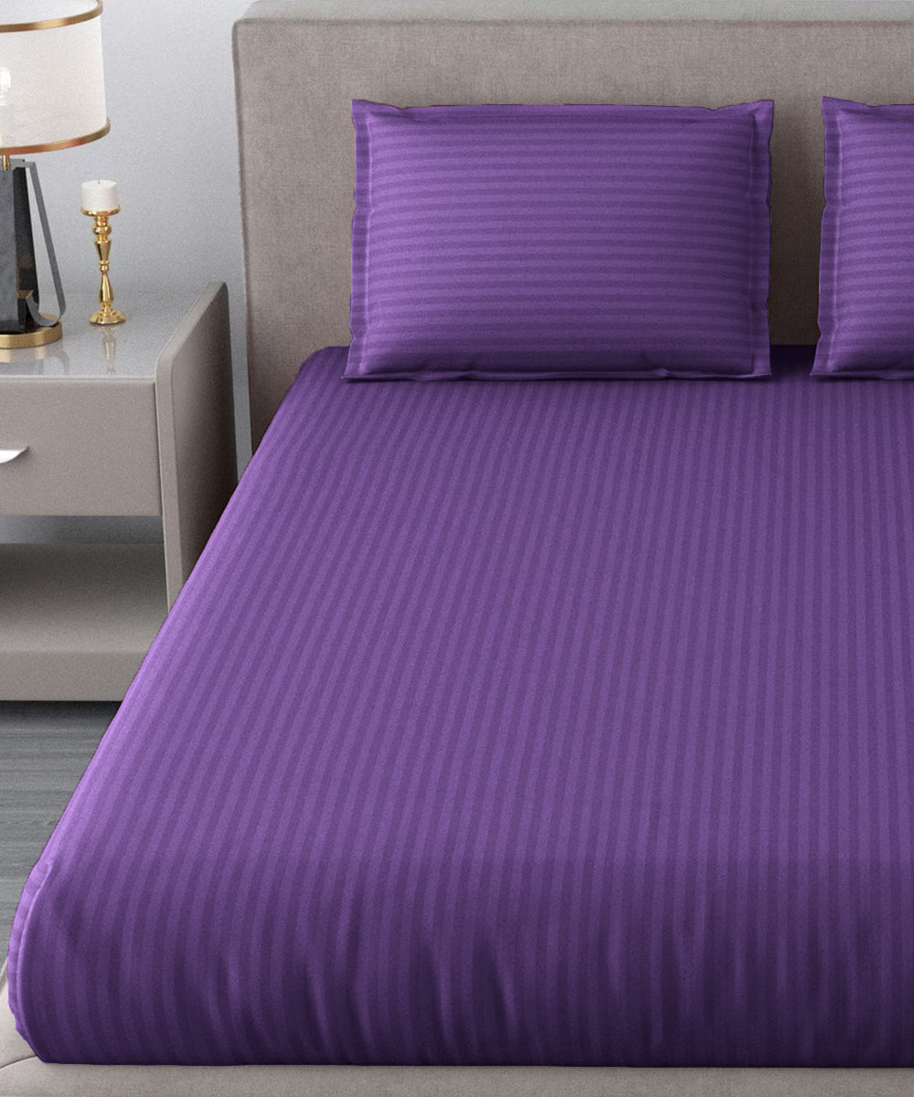 Violet Satin Stripe Flat Double Bedsheet With 2 Pillow Covers