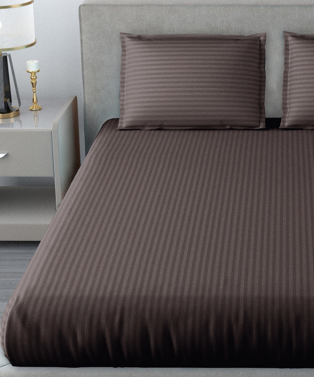 Brown Satin Stripe Double Bed With 2 Pillow Covers
