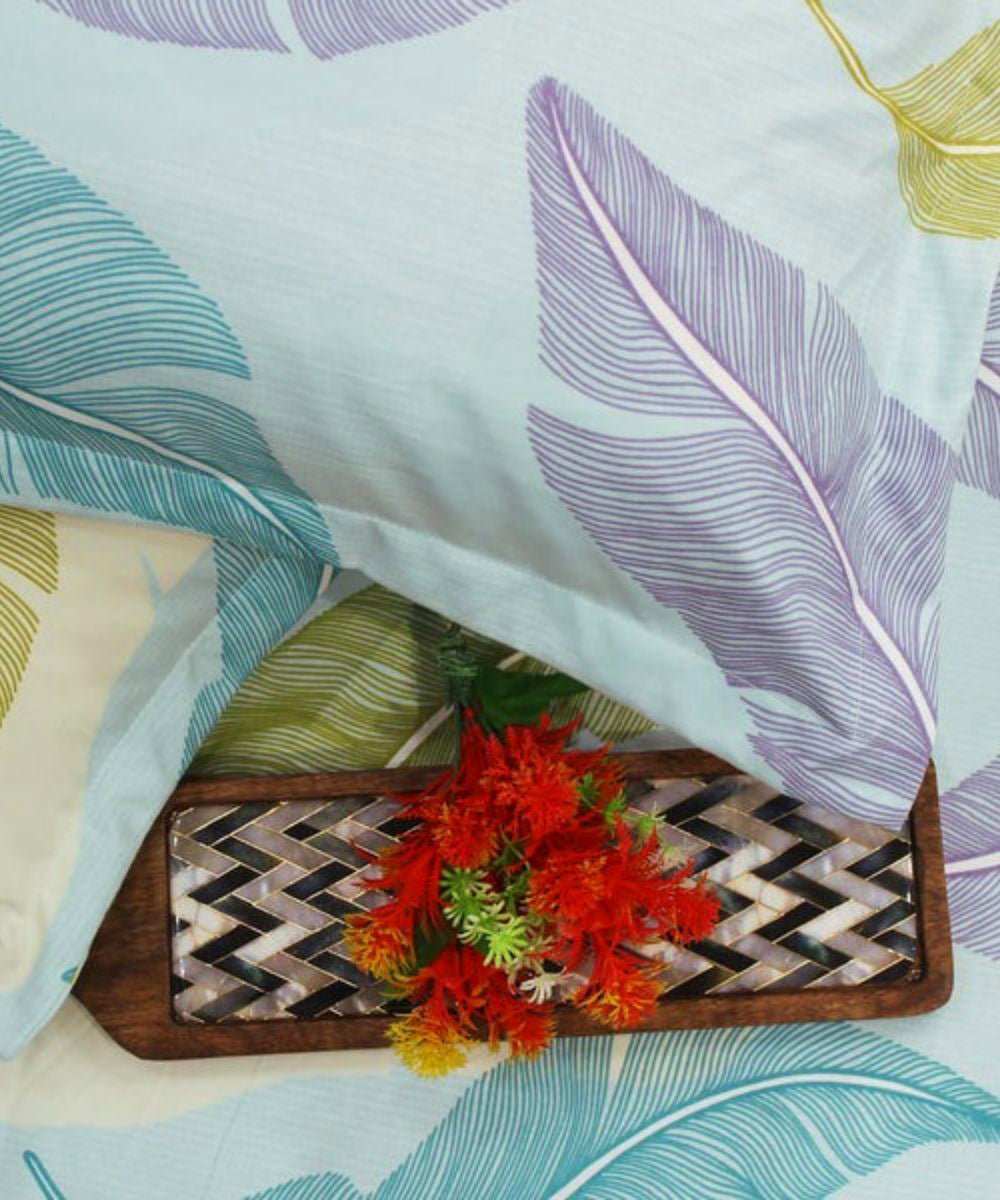 Pale Turquoise Leafy Pattern Flat Double Bedsheet With 2 Pillow Covers