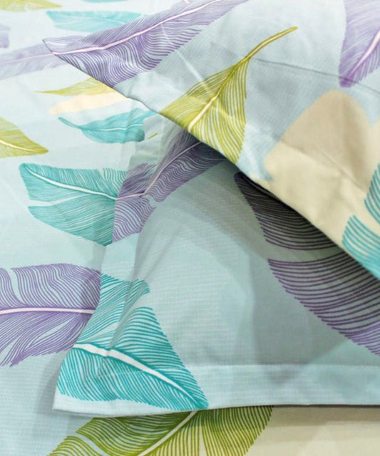 Pale Turquoise Leafy Pattern Flat Double Bedsheet With 2 Pillow Covers