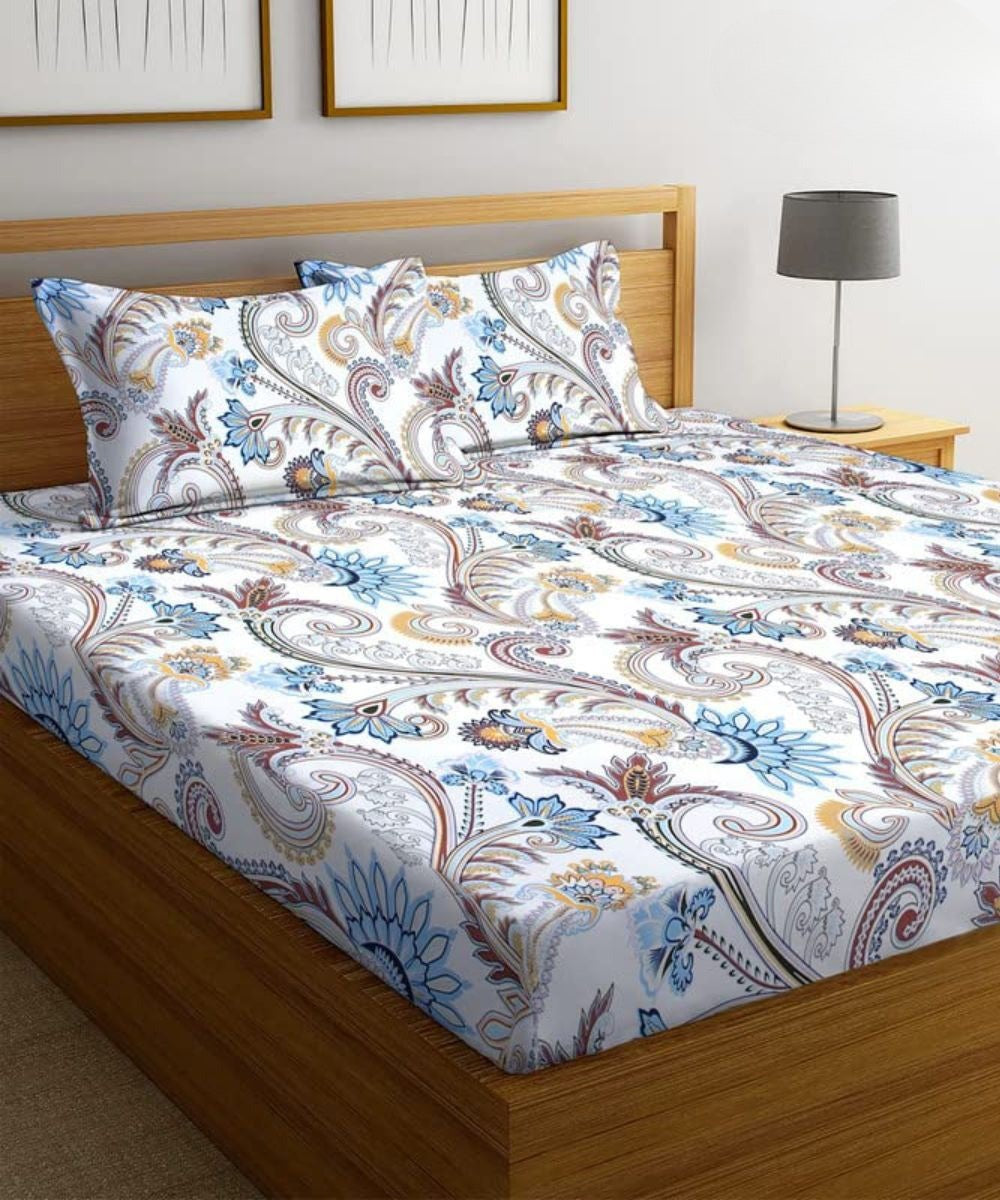 Cream Blossom Flat Double Bedsheet With 2 Pillow Cover
