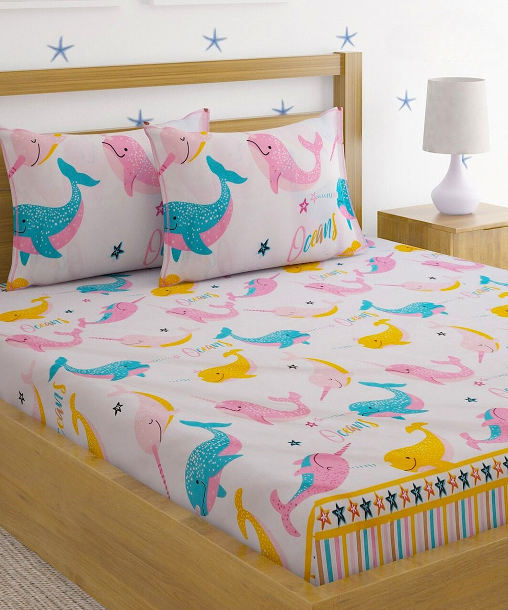Ocean Fantasy Kids Flat King Bedsheet with 2 Pillow Covers