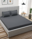 Grey Satin Stripe Flat Double Bedsheet With 2 Pillow Covers