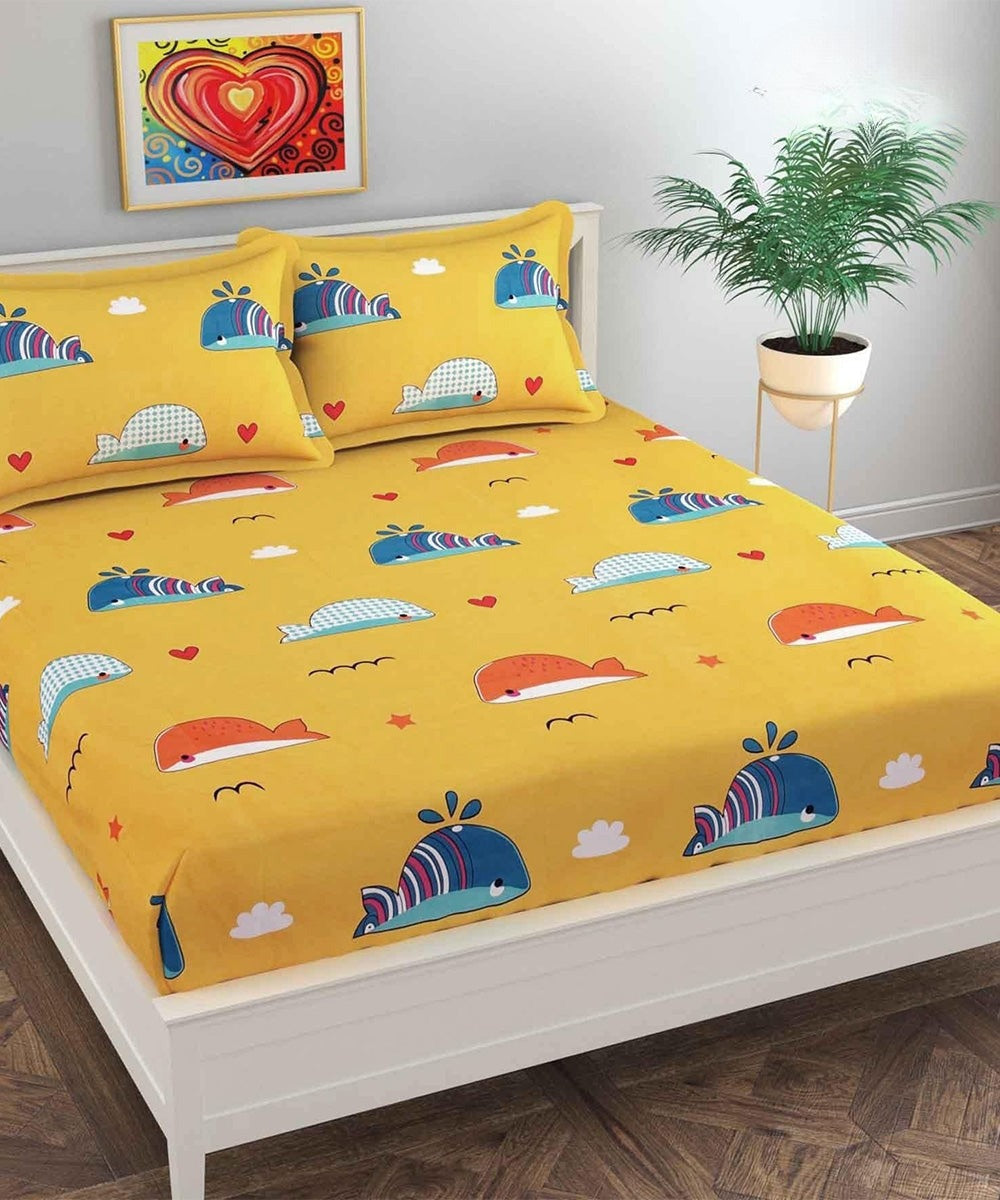 Little Ocean Buddies Kids Flat Double Bedsheet With 2 Pillow Cover