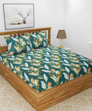 Dark Green Floral Flat Double  Bedsheet with 2 Pillow Covers