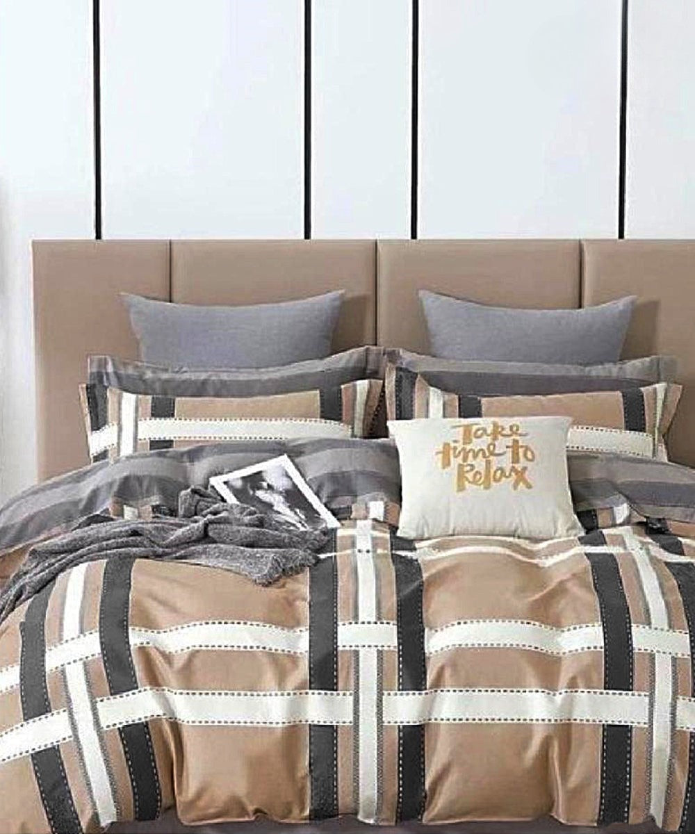 Brown Checks Flat King Bedsheet With 2 Pillow Cover