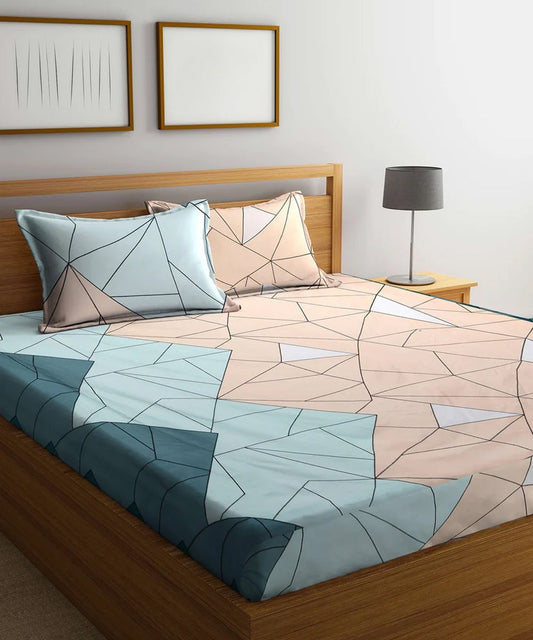 Multi Color Geometric Flat Double Bedsheet With 2 Pillow Cover