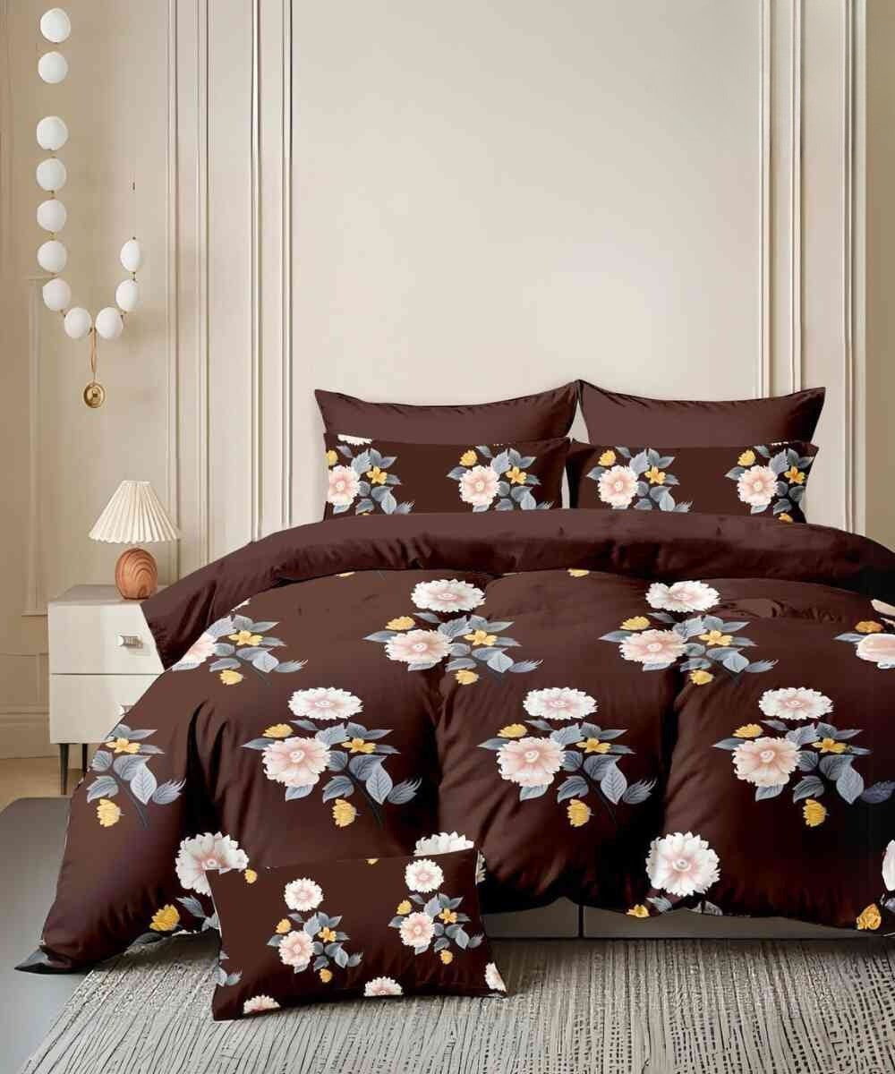 Mocha Blossom Flat King Bedsheet With 2 Pillow Covers