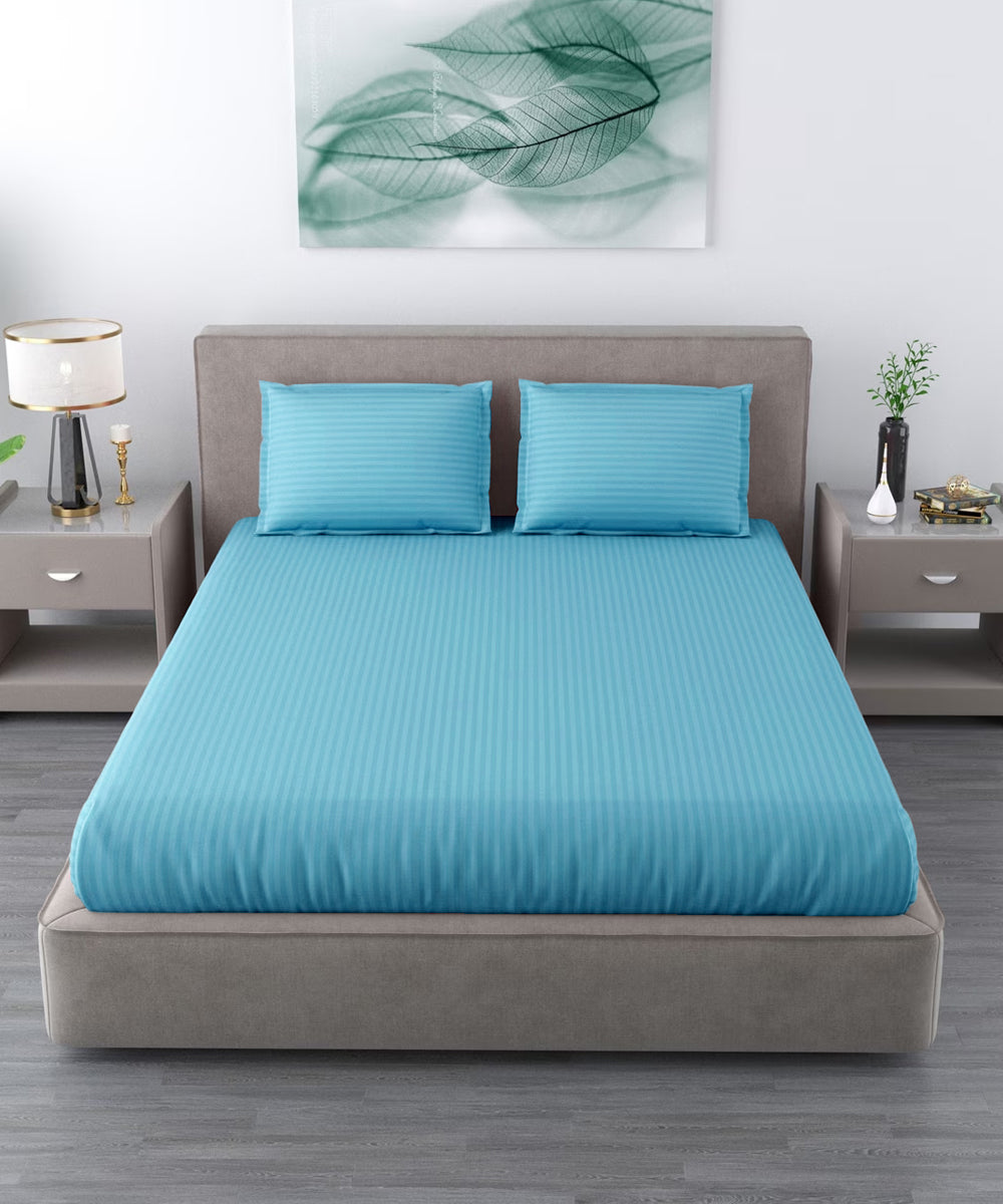 Sky Satin Stripe Flat Double Bedsheet With 2 Pillow Covers