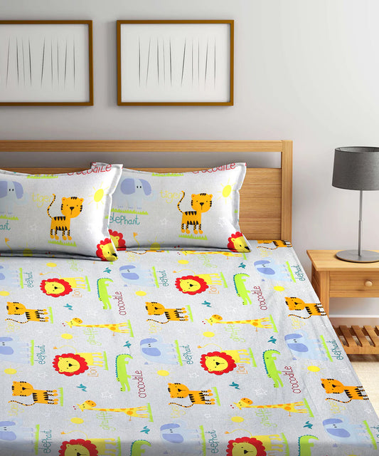 Jungle Safari Kids Flat Double Bedsheet with 2 Pillow Covers