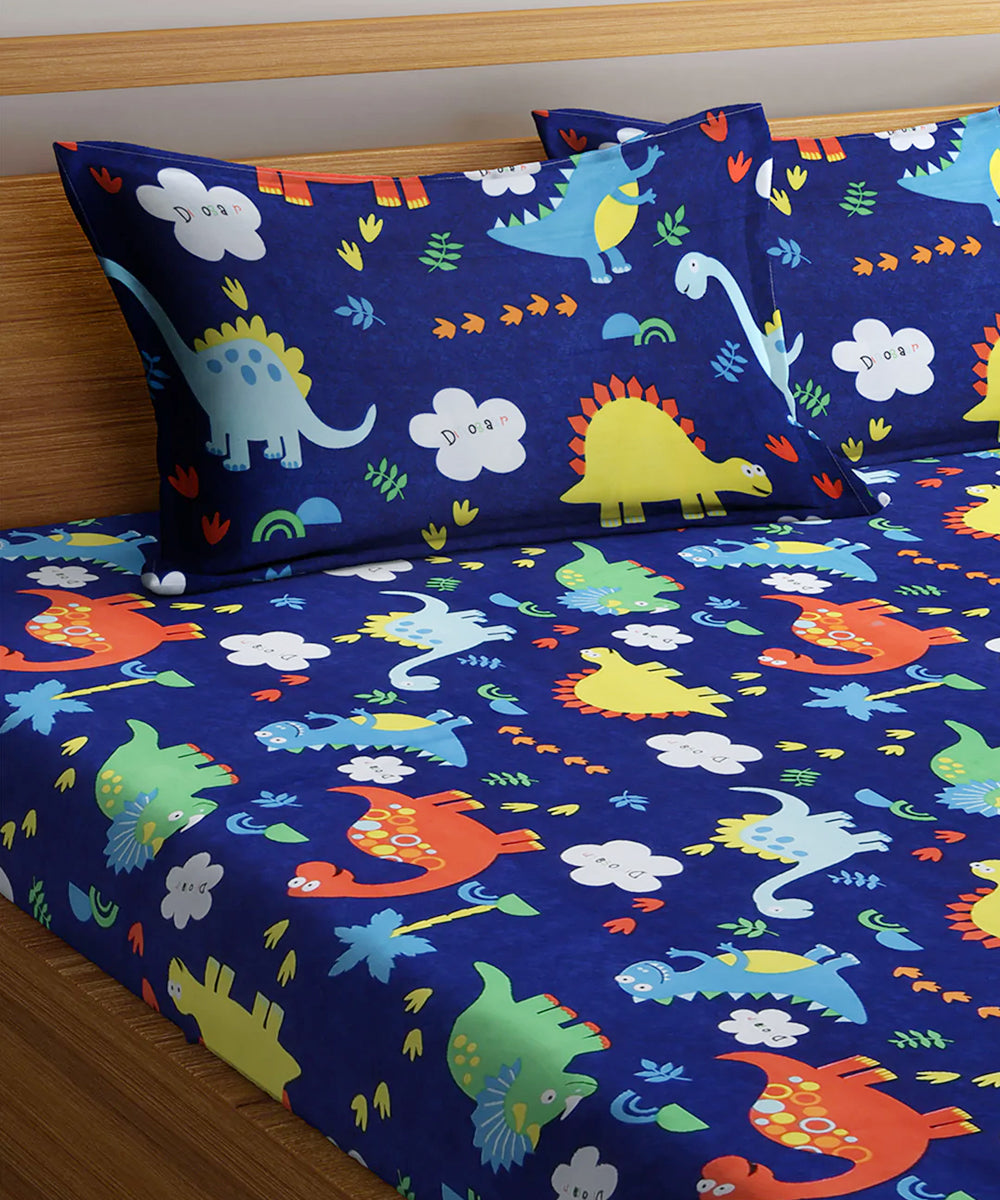 Blue Dinasaur Kids Flat Double Bedsheet with 2 Pillow Covers