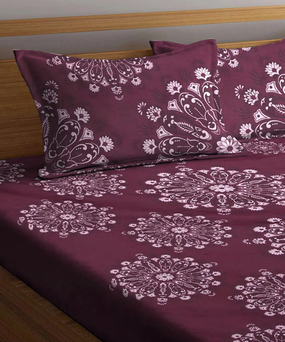 Wine Floral Flat Double Bedsheet With 2 Pillow Covers