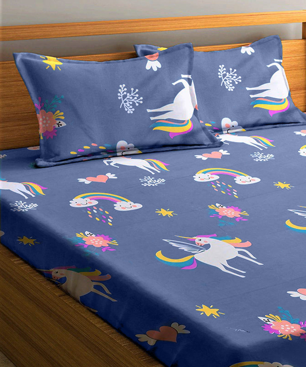 Unicorn Sky Flat Double Bedsheet With 2 Pillow Covers