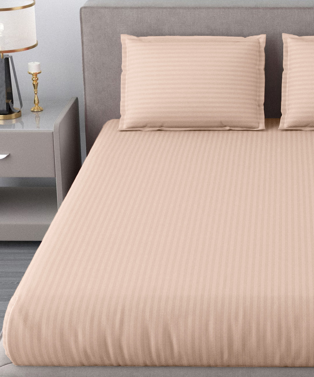 Cream Satin Stripe Flat Double Bedsheet With 2 Pillow Covers