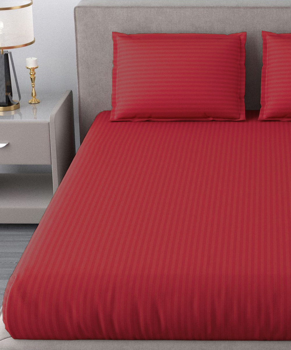 Red Satin Stripe Flat Double Bedsheet With 2 Pillow Covers