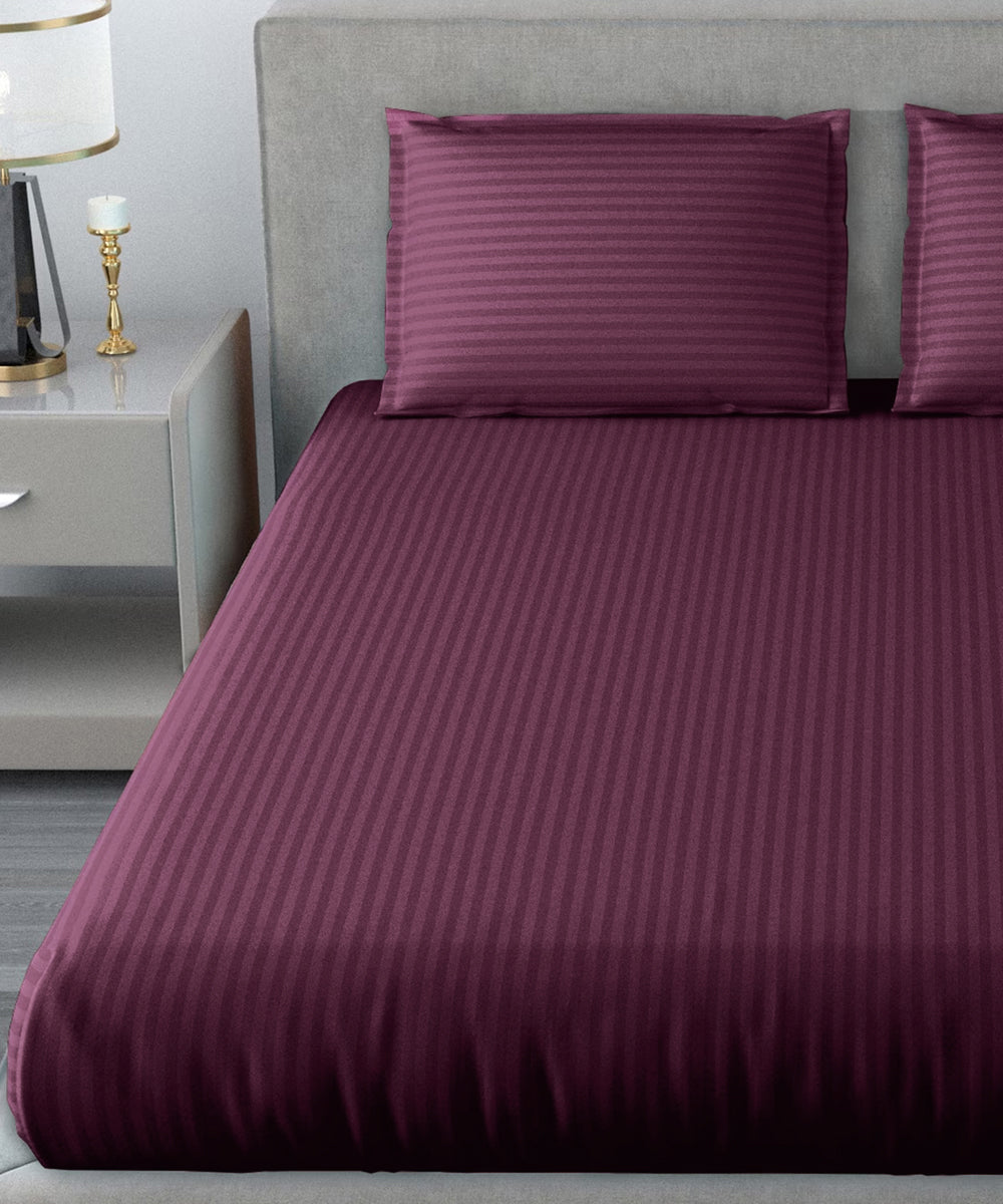 Wine Satin Stripe Flat Double Bedsheet With 2 Pillow Covers