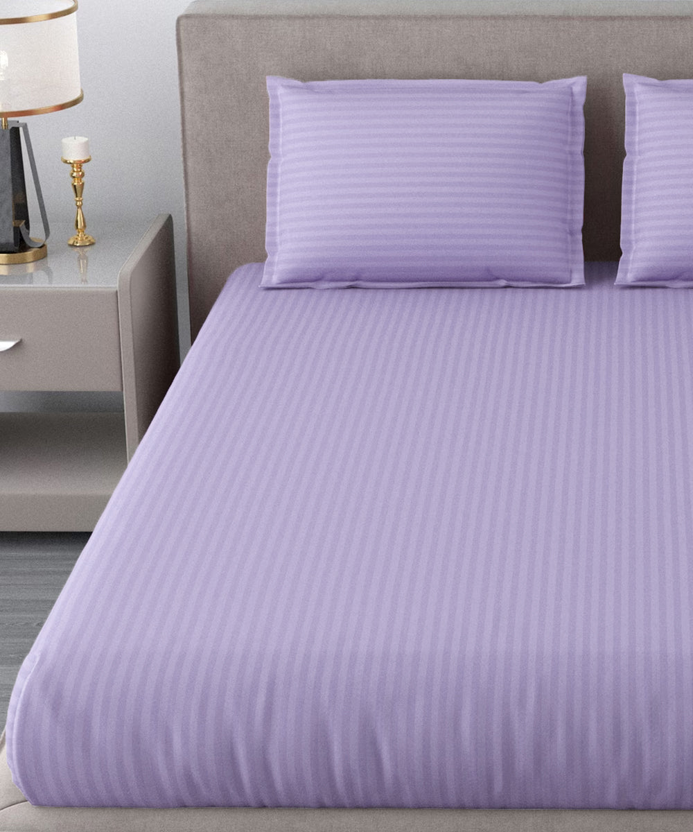 Lavender Satin Stripe Flat Double Bedsheet With 2 Pillow Covers