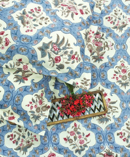 Blue Ethnic Flat Double Bedsheet With 2 Pillow Cover