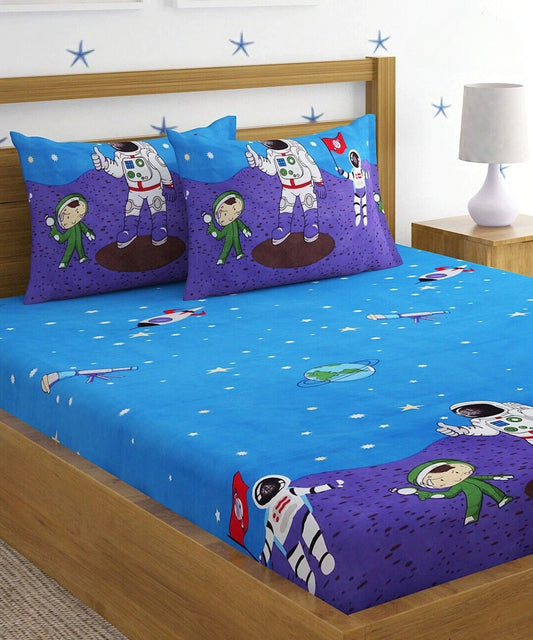 Space Kids Flat Double Bedsheet with 2 Pillow Covers