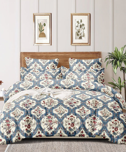 Blue Ethnic Flat King Bedsheet With 2 Pillow Cover