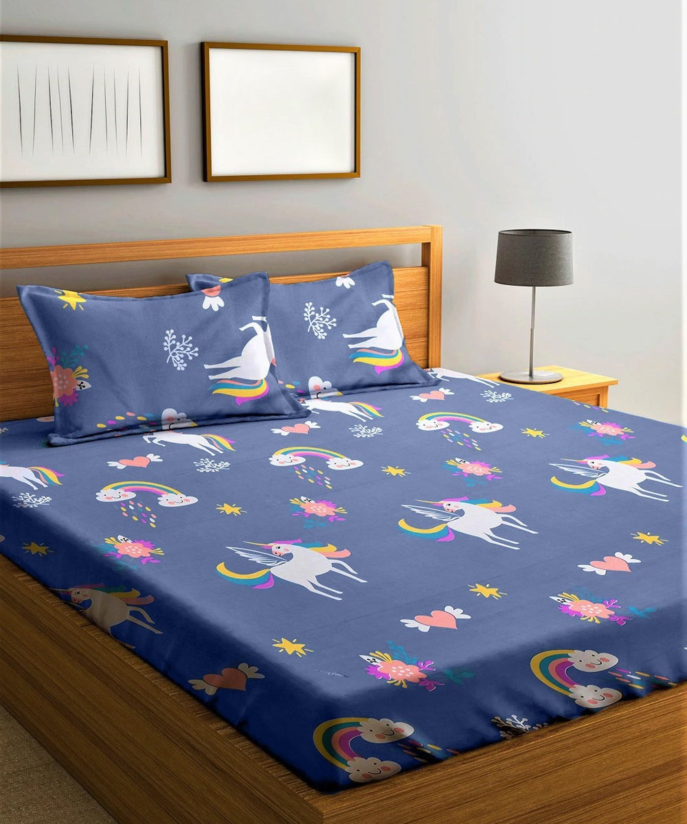 Unicorn Sky Flat Double Bedsheet With 2 Pillow Covers