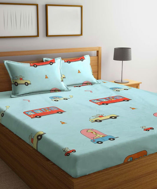 Happy Wheels Kids Flat Double Bedsheet With 2 Pillow Covers