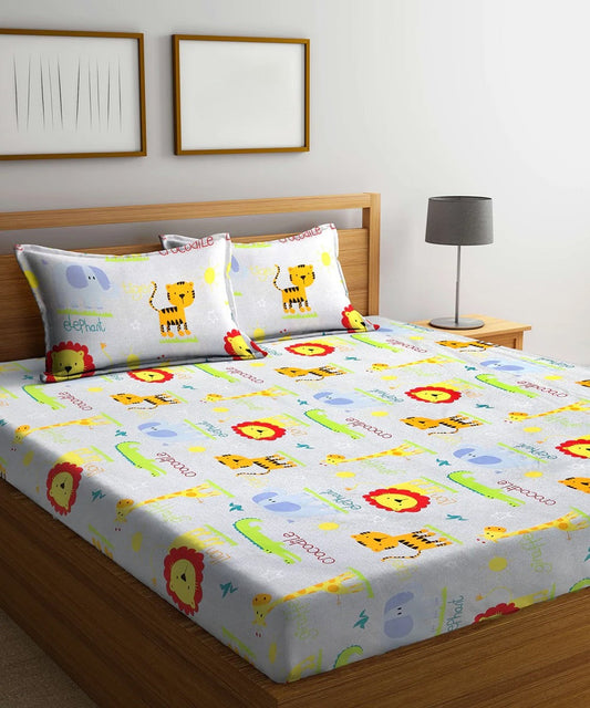 Jungle Safari Kids Flat Double Bedsheet with 2 Pillow Covers