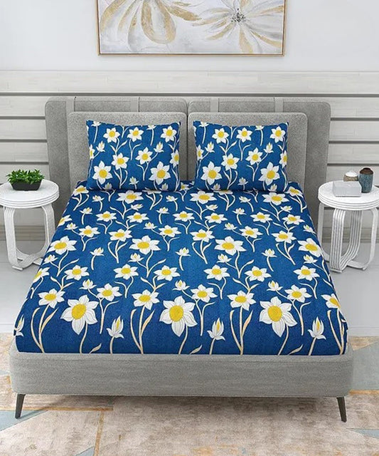 Blue Floral Flat Double Bedsheet With 2 Pillow Cover