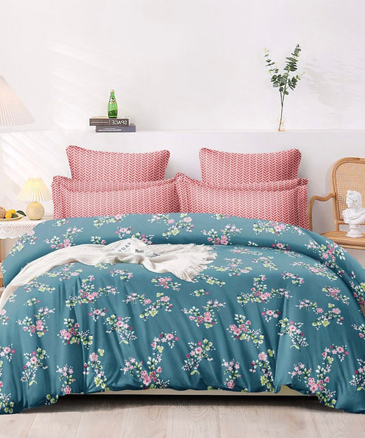 Blue Floral Flat Double Bedsheet With 2 Pillow Cover
