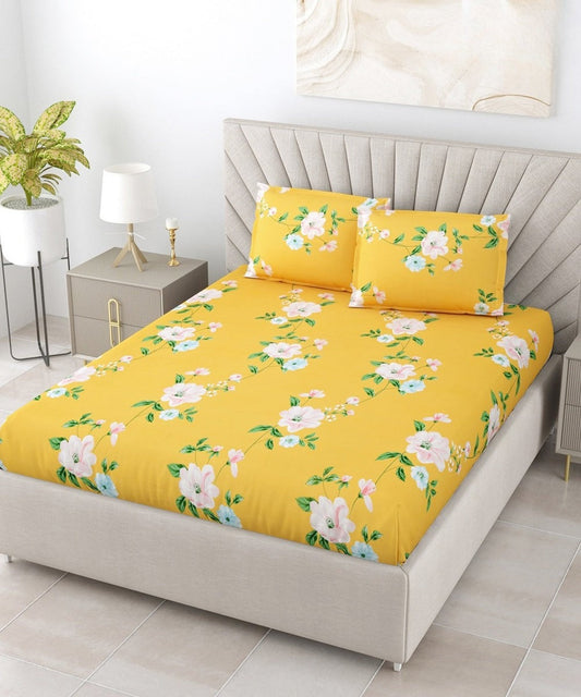 Yellow Floral Flat King Bedsheet with 2 Pillow Covers
