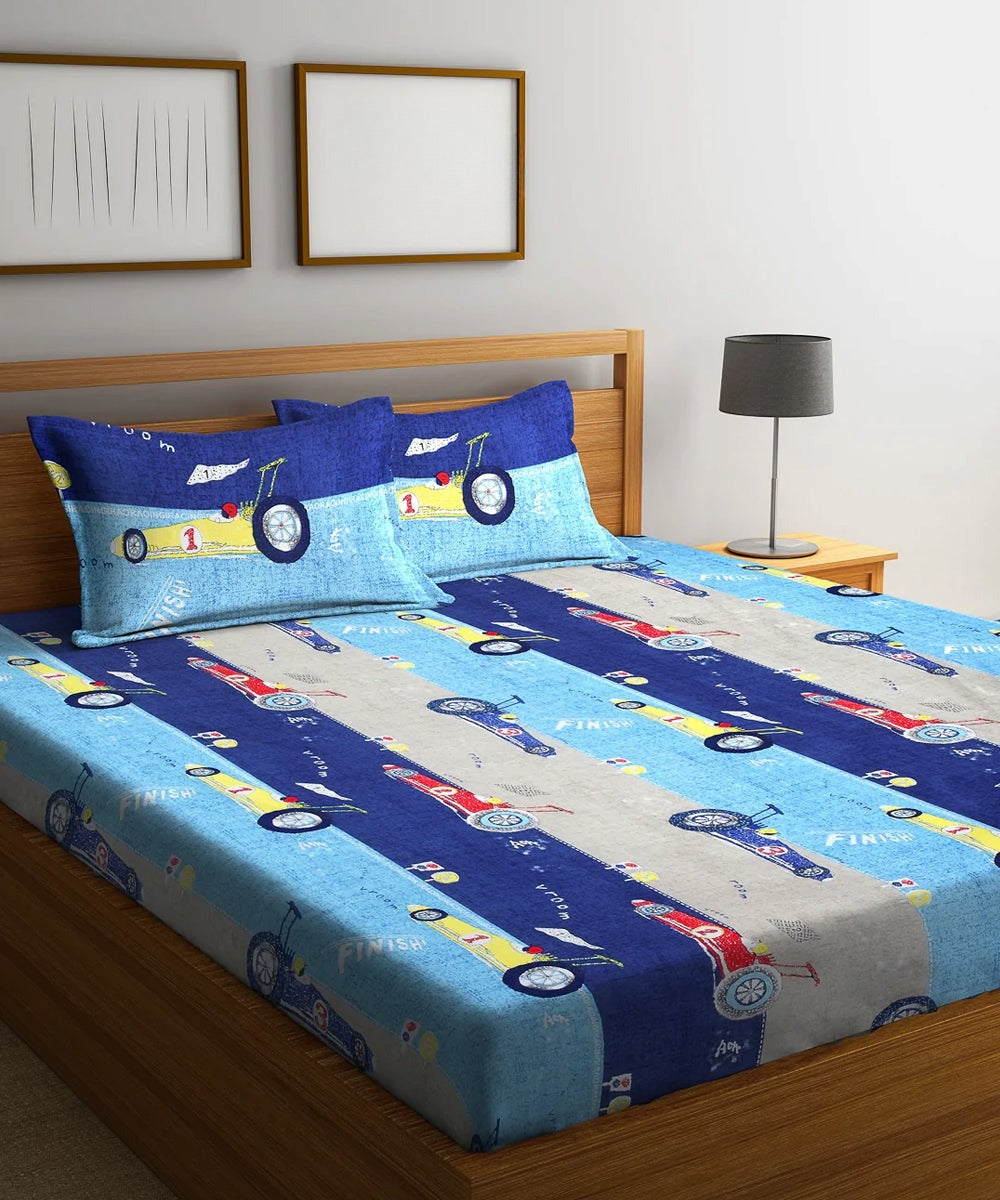 Turbo Racer Dreams Kids Flat Double Bedsheet with 2 Pillow Covers