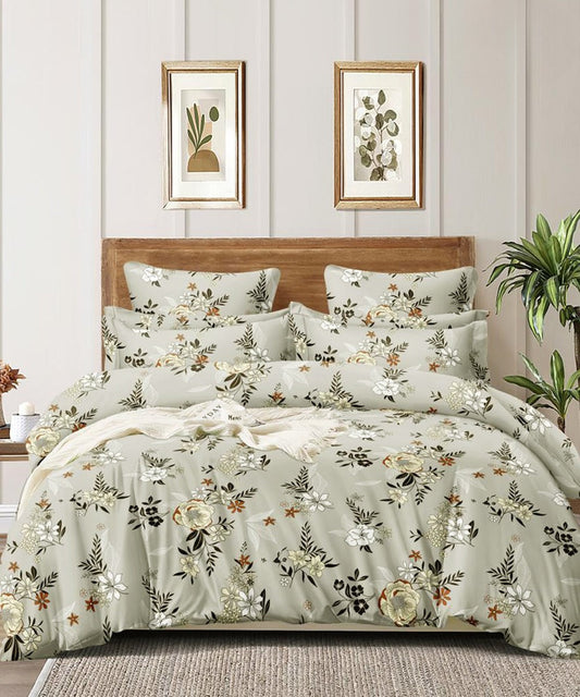 Grey Floral Flat Double Bedsheet With 2 Pillow Covers