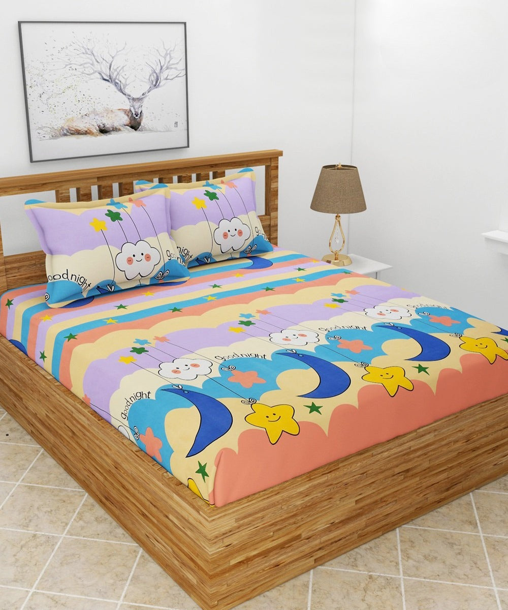 Dreamy Starry Night Kids Flat Double Bedsheet with 2 Pillow Covers