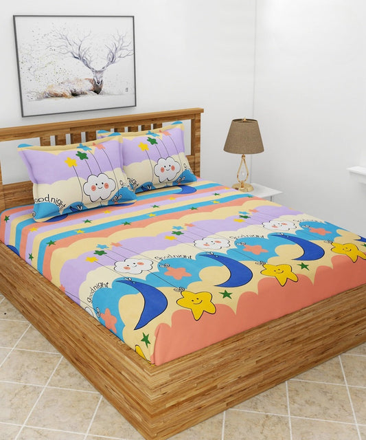 Dreamy Starry Night Kids Flat Double Bedsheet with 2 Pillow Covers