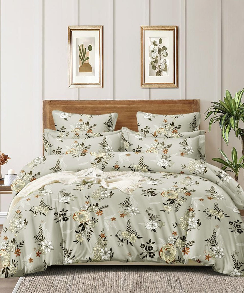 Grey Floral Flat King Bedsheet With 2 Pillow Covers