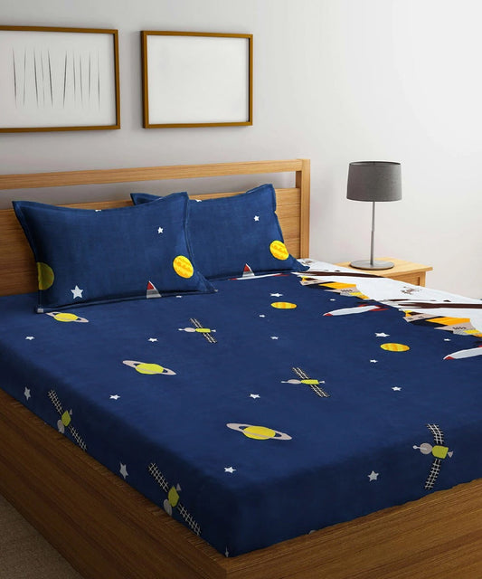 Space Printed Flat King Bedsheet with 2 Pillow Covers