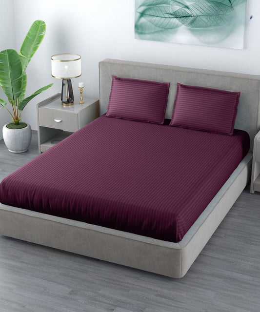 Wine Satin Stripe Flat King Bedsheet With 2 Pillow Covers