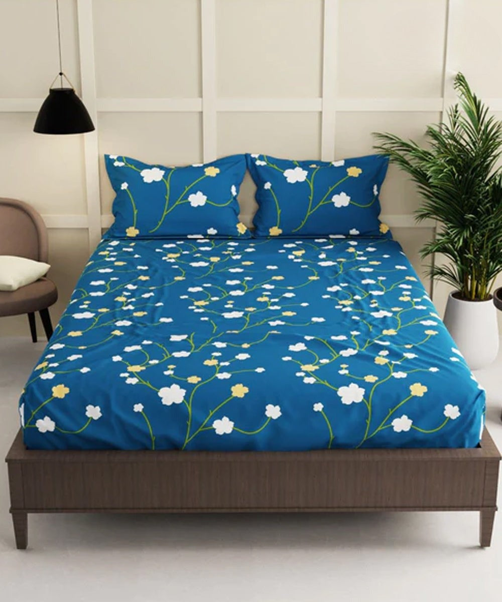 Blue Floral Flat Double Bedsheet With 2 Pillow Cover