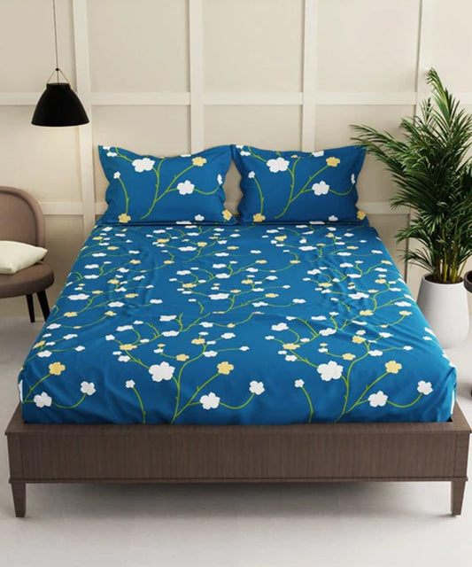 Blue Floral Flat Double Bedsheet With 2 Pillow Cover