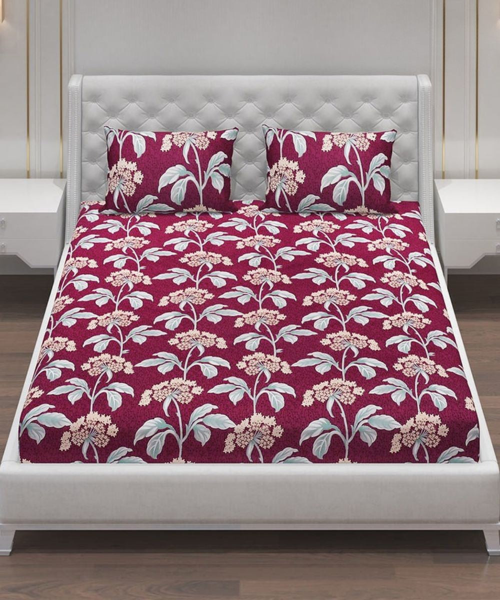 Floral House Flat King Bedsheet With 2 Pillow Cover