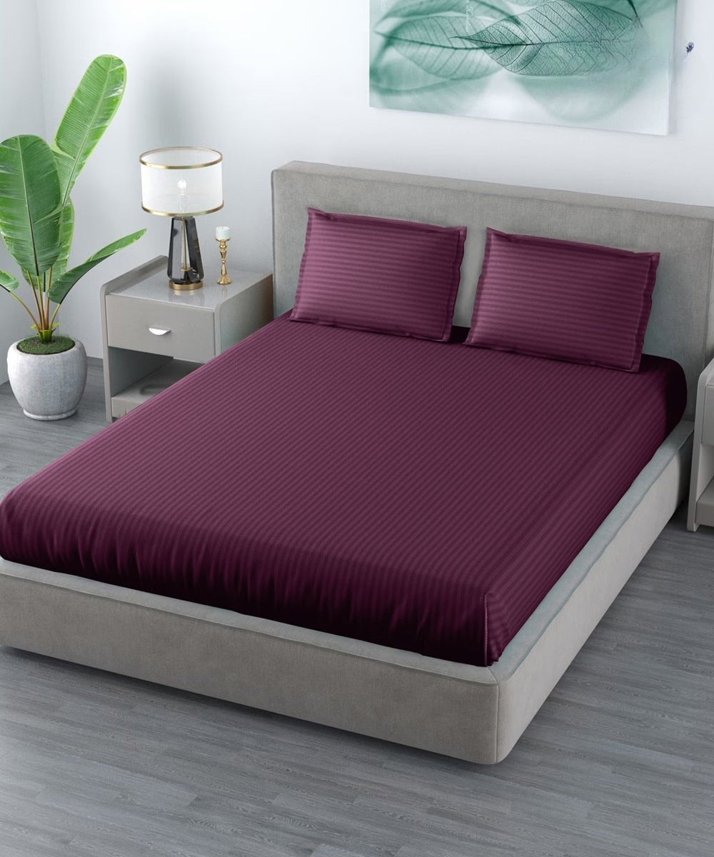 Wine Satin Stripe Flat Double Bedsheet With 2 Pillow Covers