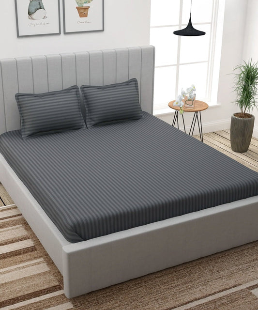 Grey Satin Stripe Flat Double Bedsheet With 2 Pillow Covers