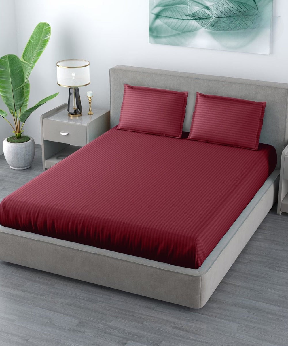 Maroon Satin Stripe Flat King Bedsheet With 2 Pillow Covers