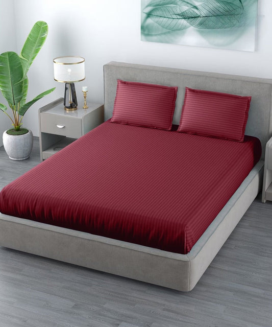 Maroon Satin Stripe Flat King Bedsheet With 2 Pillow Covers