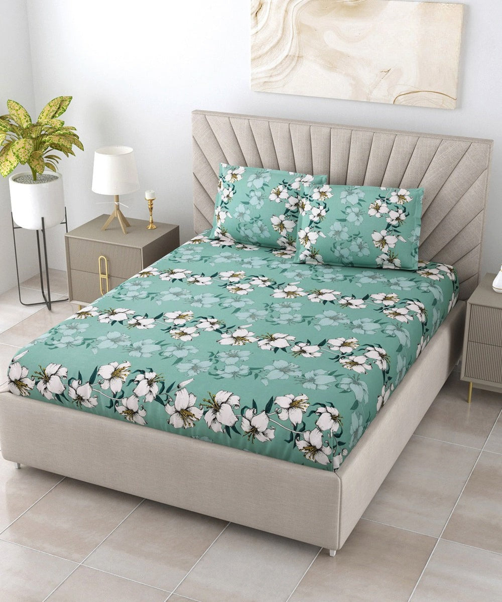 Green Floral Flat Double  Bedsheet with 2 Pillow Covers