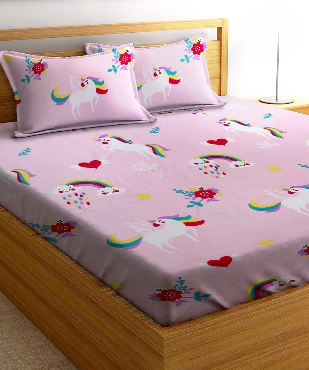 Unicorn Dreams Kids Flat Double Bedsheets With 2 Pillow Covers