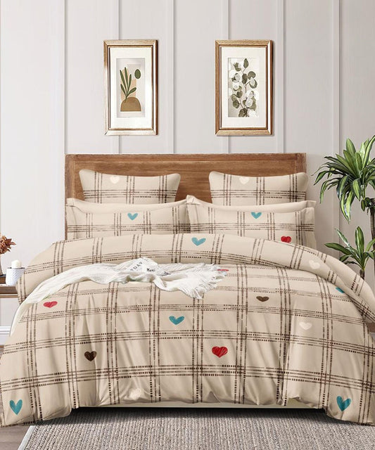 Heart & Checks Flat Double Bedsheet With 2 Pillow Cover