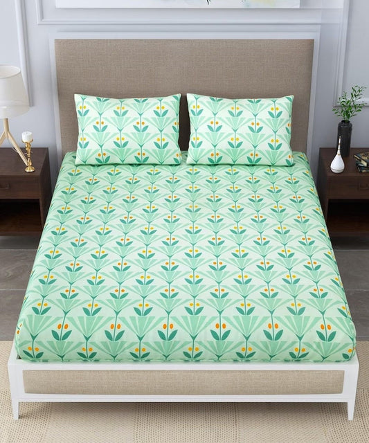 Green Floral Flat King Bedsheet With 2 Pillow Cover