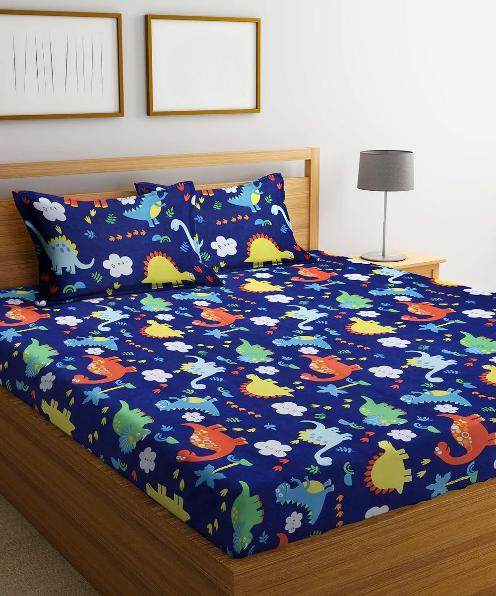 Blue Dinasaur Kids Flat Double Bedsheet with 2 Pillow Covers
